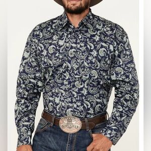 (L) floral paisley pattern black western button up collared dress up shirt
